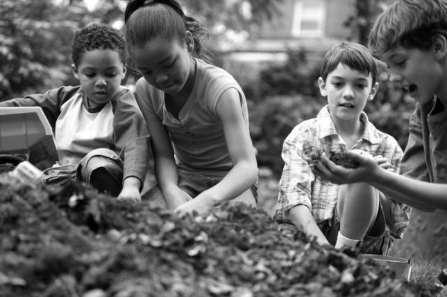 Kids playing in dirt in a backyard